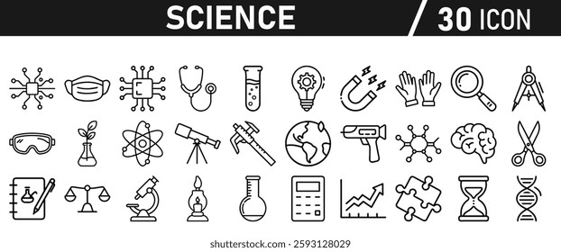 Science icon set in liner style. Biology, laboratory, experiment, test tube, scientist, research, physics, chemistry icons. Icons Vector illustration.