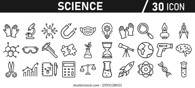 Science icon set in liner style. Biology, laboratory, experiment, test tube, scientist, research, physics, chemistry icons. Icons Vector illustration.