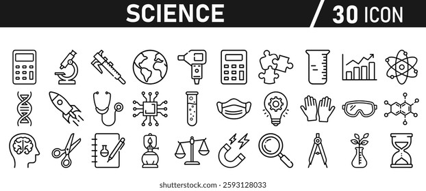 Science icon set in liner style. Biology, laboratory, experiment, test tube, scientist, research, physics, chemistry icons. Icons Vector illustration.