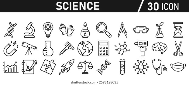 Science icon set in liner style. Biology, laboratory, experiment, test tube, scientist, research, physics, chemistry icons. Icons Vector illustration.