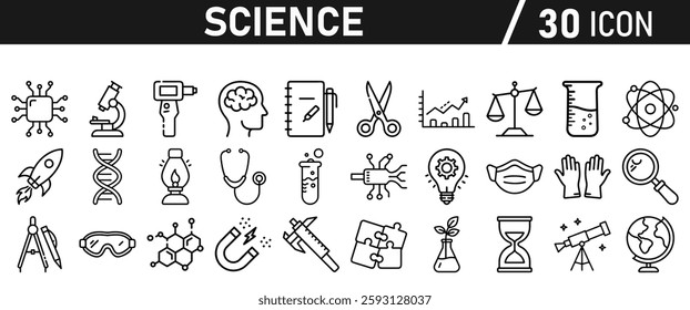 Science icon set in liner style. Biology, laboratory, experiment, test tube, scientist, research, physics, chemistry icons. Icons Vector illustration.