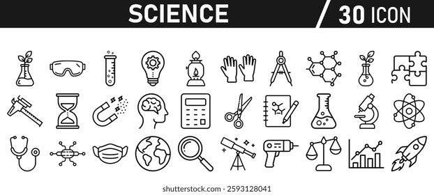 Science icon set in liner style. Biology, laboratory, experiment, test tube, scientist, research, physics, chemistry icons. Icons Vector illustration.