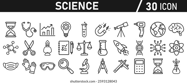 Science icon set in liner style. Biology, laboratory, experiment, test tube, scientist, research, physics, chemistry icons. Icons Vector illustration.