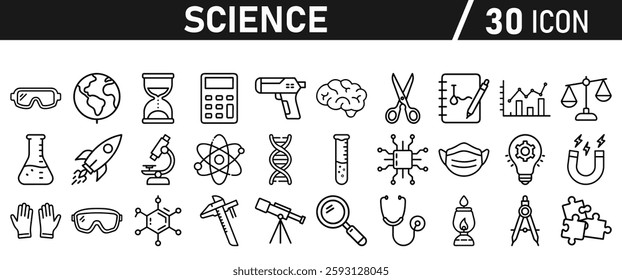 Science icon set in liner style. Biology, laboratory, experiment, test tube, scientist, research, physics, chemistry icons. Icons Vector illustration.