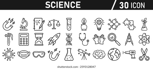 Science icon set in liner style. Biology, laboratory, experiment, test tube, scientist, research, physics, chemistry icons. Icons Vector illustration.