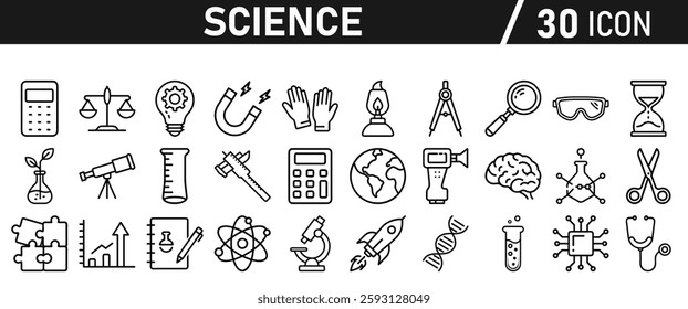 Science icon set in liner style. Biology, laboratory, experiment, test tube, scientist, research, physics, chemistry icons. Icons Vector illustration.