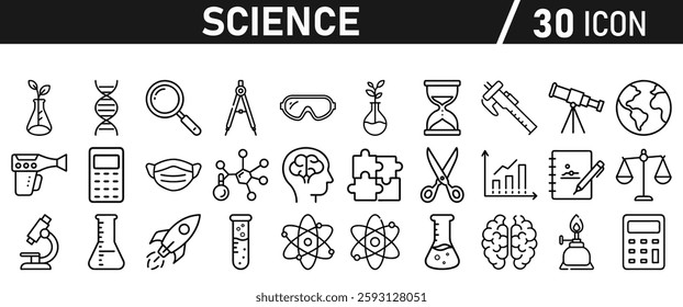 Science icon set in liner style. Biology, laboratory, experiment, test tube, scientist, research, physics, chemistry icons. Icons Vector illustration.
