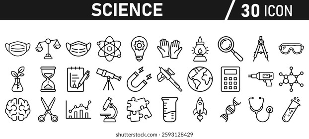 Science icon set in liner style. Biology, laboratory, experiment, test tube, scientist, research, physics, chemistry icons. Icons Vector illustration.