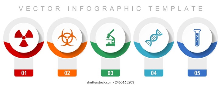 Science icon set, miscellaneous vector icons such as radiation, biohazard, microscope, dna and test tube, modern design infographic template, web buttons in 5 color options