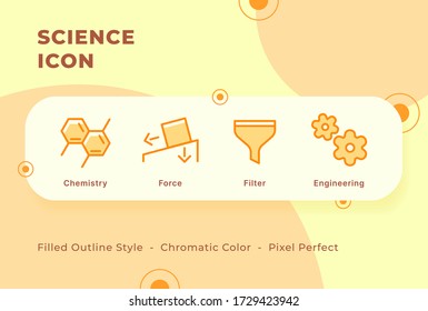 Icono de ciencia conjunto con un moderno color cromático estilo de contorno llenado plano.