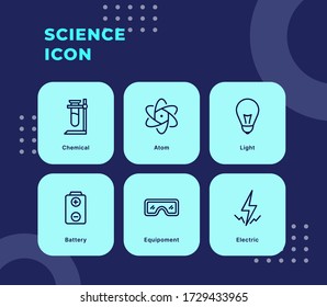 Science icon set with modern flat outline style blue theme.