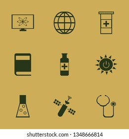 science icon set with pills bottle, test tube and globe vector illustration