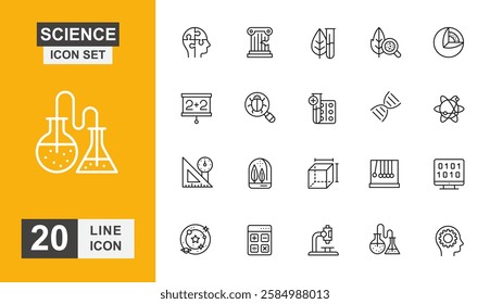 Science icon set. Research, atom, experiment, laboratory, brain, analysis and more line icon.