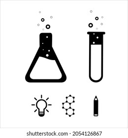 Science icon set, sillhouette black and white, chemicals, beakers, particles, light bulbs, pencils