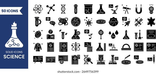 Science icon set in solid style. Containing biology, laboratory, experiment, test tube, scientist, research, physics, chemistry and more. Vector illustration