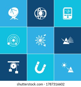 Science icon set and technical device with solar system, radio telescope and iron magnet. Electronics related science icon vector for web UI logo design.
