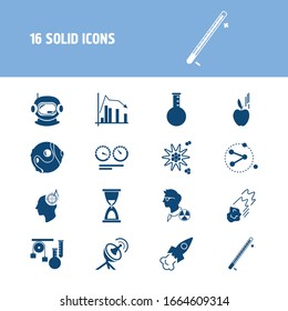 Science icon set and technical mind with elementary particle physics, chemical thermometer and speed comparison. Cosmos related science icon vector for web UI logo design.