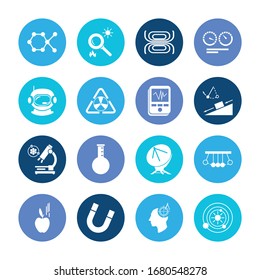 Science icon set and technical mind with electrodynamics, physical research and radio telescope. Spacesuit related science icon vector for web UI logo design.