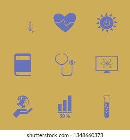 science icon set with test tube, pandemic virus strand and hand and globe vector illustration