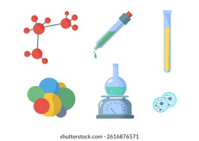 Science icon set with test tube flask dna molecule proton microscope laboratory chemical reaction research glass equipment thin line vector colored outline experiment shape

