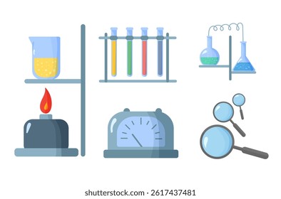 Science icon set with test tube flask dna molecule proton microscope laboratory chemical reaction research glass equipment thin line vector colored outline experiment shape

