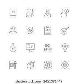 Science icon set. Thin line icon. Editable stroke. Containing sciencebook, portal, chemistry, clipboard, clone, atom, nuclear, onlineclass, galaxy, lightbulb, sun, petridish.