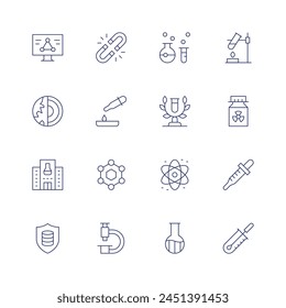 Science icon set. Thin line icon. Editable stroke. Containing science, datascience, chemical, petridish, molecule, microscope, testtube, dropper, sample.