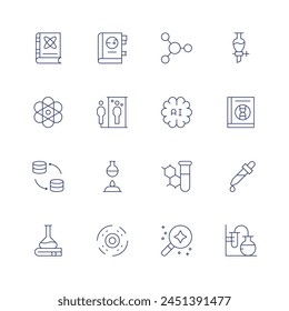 Science icon set. Thin line icon. Editable stroke. Containing science, datascience, artificialintelligence, flask, research, clone, blackhole, pipette, book, chemistry.