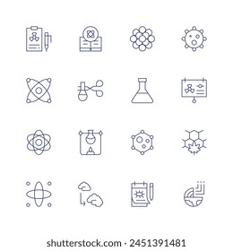 Science icon set. Thin line icon. Editable stroke. Containing science, note, virus, chemistry, humanevolution, tongs, experiment, molecule, geology, laboratory.