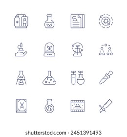 Science icon set. Thin line icon. Editable stroke. Containing science, sciences, video, biology, flask, testtube, hypothesis, incubator, celldivision, burette, pipette.