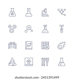 Wissenschaft-Symbolsatz. Dünne Linie Symbol. Bearbeitbarer Strich. Enthält ScienceFiction, Sciencebook, Molekül, Chemie, Pflanze, Meteor, Chromosom, Oberfläche, Buch, Stammzellen, Teströhre.