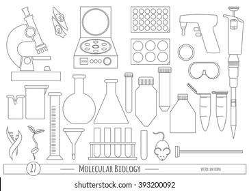 Icono de la ciencia en estilo de línea de moda. Iconos vectores para los protocolos y catálogos de laboratorio de Biología, Biotecnología y Química, etiquetado de productos, identidad, sitio web y elementos de ilustración científica. 