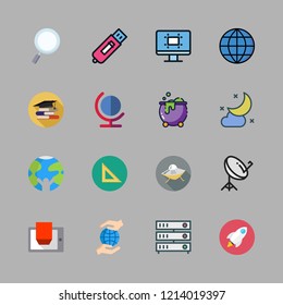 science icon set. vector set about d display, library, magnifying glass and ufo icons set.