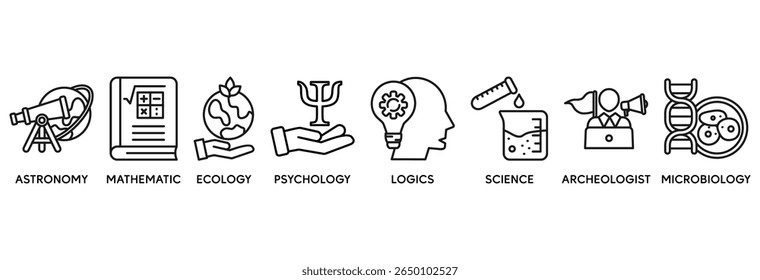 ícone da ciência conjunto conceito de ilustração vetorial relacionar-se com astronomia, matemática, ecologia, psicologia, lógica, ciência, arqueólogo, microbiologia