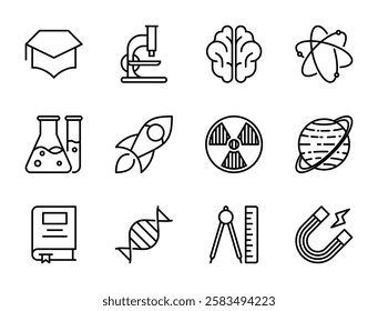 Science icon set, vector, in line style, for school, education, physics, research, science, knowledge, etc.