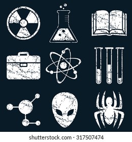 Science icon set, white scratched images on black background