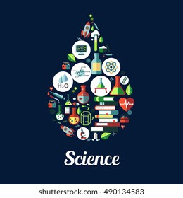 Science icon in shape of drop. Vector icons of genetics and biochemistry objects ,atom, dna, chemicals, microscope, rocket, substance, gene, molecule, proton, magnet, books