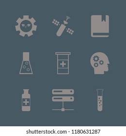 science icon. science vector icons set satellite, medicine bottle, gear sprout and pills bottle