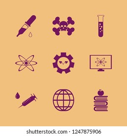 science icon. science vector icons set books and apple, dropper pipette, syringe and gear sprout