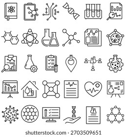 Conjunto de Vector de icono de Ciencia. Colección de signos de ilustración de investigación. Símbolo de laboratorio, logo.
