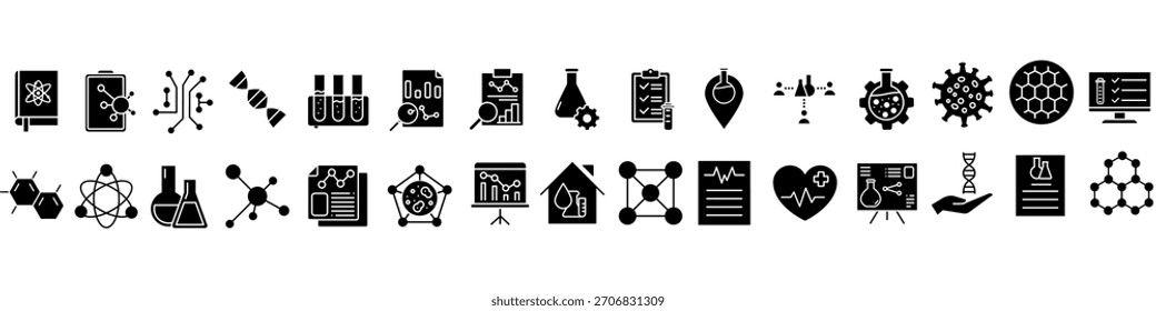 Vektorgrafik-Set für die Wissenschaft. Illustrationszeichensammlung recherchieren. Laborzeichen, Logo.