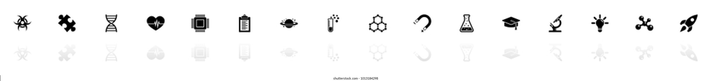 Science icons - Black horizontal Illustration symbol on White Background with a mirror Shadow reflection. Flat Vector Icon.
