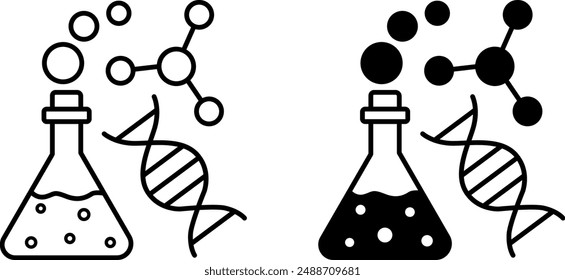 Iconos de Ciencia. Iconos vectoriales en blanco y negro de matraz de laboratorio con sustancia química, cadena de ADN y molécula. Investigación científica. Concepto de Educación