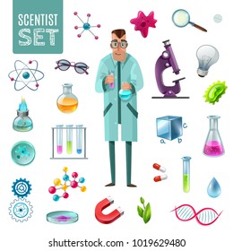 Science icons cartoon set with scientist character and tools for laboratory experiment and theoretical research vector illustration 