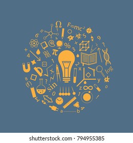 Science icons circle set on blue background and lightbulb in the middle