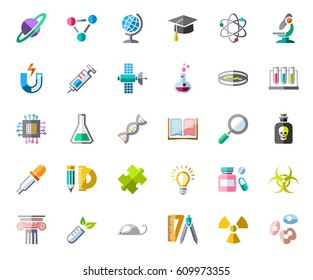 Science, icons, color, vector. Colored icons with shadow on white background. Different types of scientific activities. Vector clip art. 