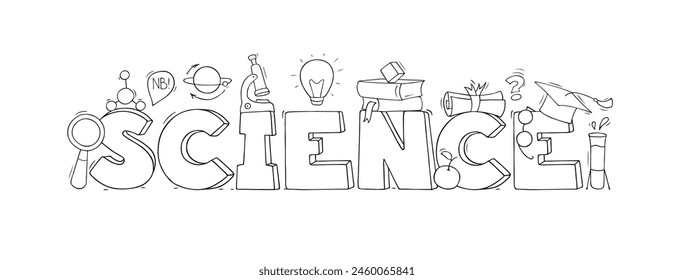 Science icons with doodle school elements, laboratory equipment. Concept of education, research and experiment with sketch of school chemical lab, microscope, lamp idea, vector illustration