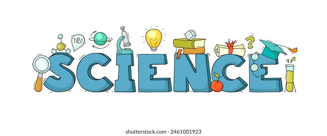 Science icons with doodle school elements, laboratory equipment. Concept of education, research and experiment with sketch of school chemical lab, microscope, lamp idea, vector illustration