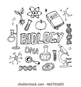 Science icons doodles vector set. School biology lesson objects.