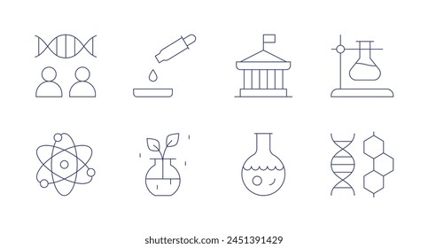 Wissenschaft-Symbole. Bearbeitbarer Strich. Enthält Klon, Wissenschaft, Röhre, Politikwissenschaft, Test, Botanik und Flasche.